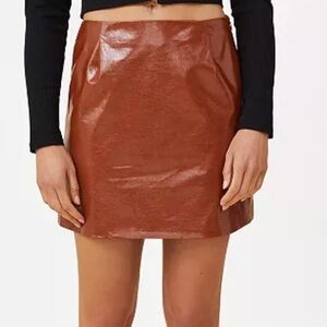 Cotton On Brown Vegan Leather Mini Skirt Size S A-Line Side Zip 70s Retro vegan